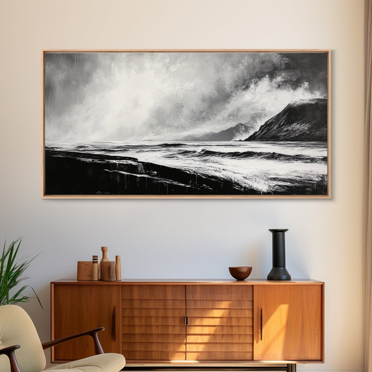 Monochrome Seascape, Dramatic Waves, Stormy Ocean, Modern Wall Art, Black and White Painting, Living Room Art, Framed Canvas Print, Gift Idea