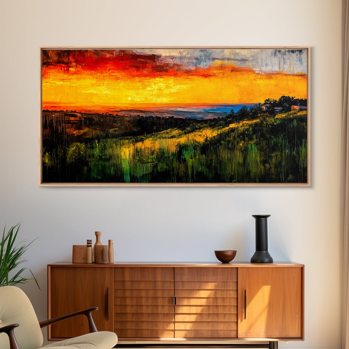 Golden Sunset, Rolling Hills, Vibrant Landscape, Canvas Print, Nature Wall Art, Living Room Decor, Warm Autumn Tones, Rustic Artwork
