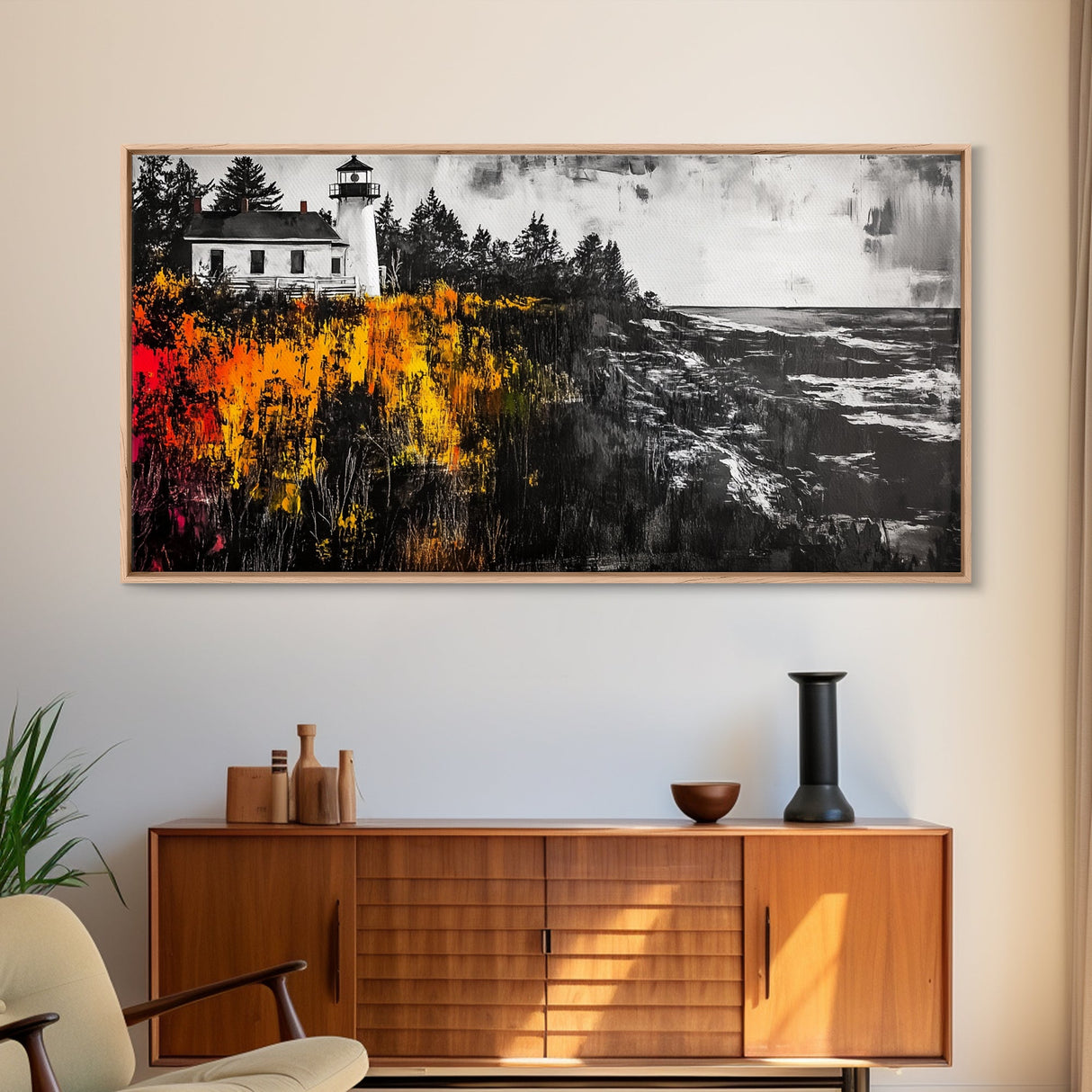 Lighthouse Cliff, Ocean Waves, Autumn Colors, Framed Canvas Print, Rustic Home Decor, Beach House Art, Nautical Wall Art, Fall Aesthetic