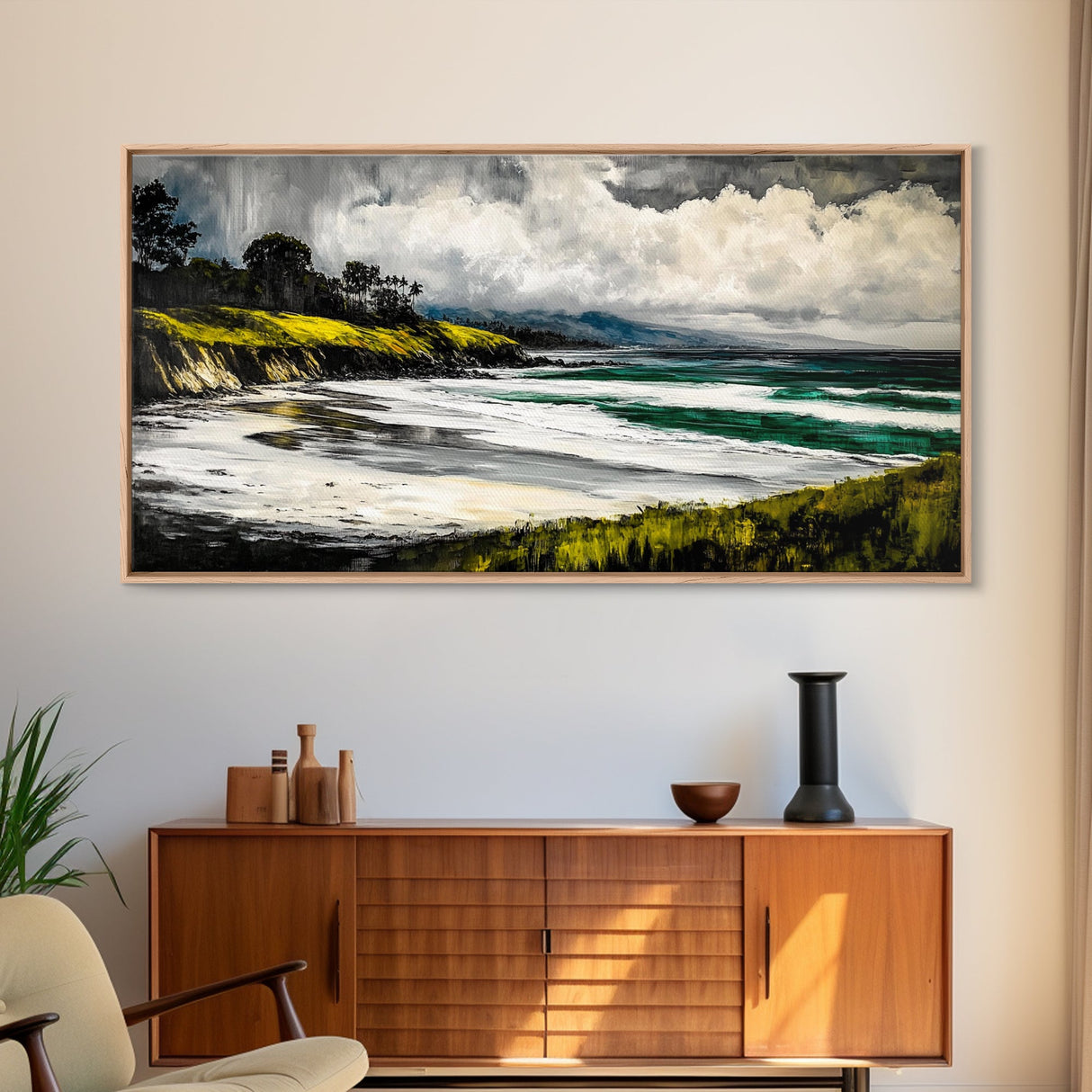 Foggy Shoreline, Rolling Waves, Coastal Landscape, Framed Canvas Print, Beach House Wall Art, Minimalist Decor, Modern Seascape Art