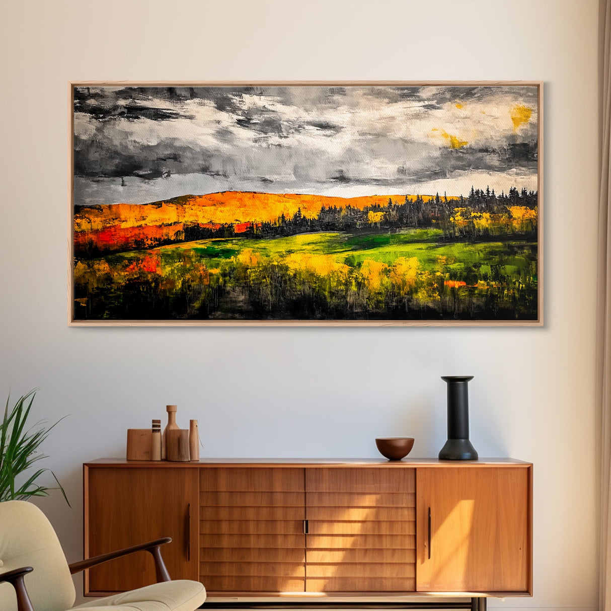 Fall Mountain View, Golden Forest Landscape, Moody Sky Painting, Rustic Country Art, Autumn Scene, Vibrant Wall Decor, Framed Canvas Print
