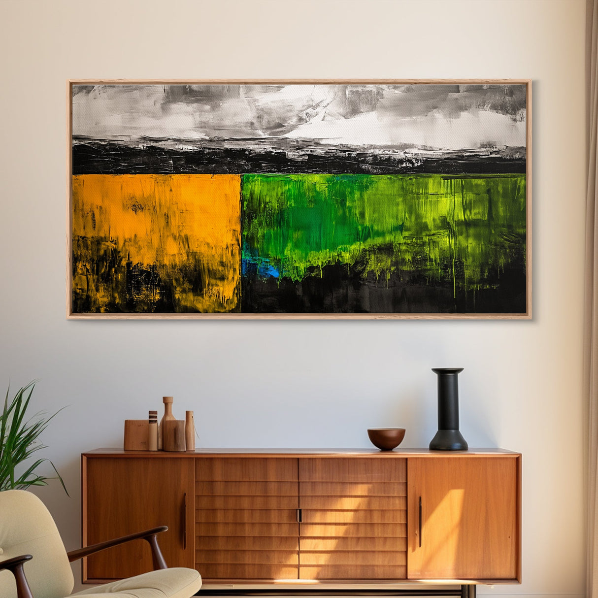 Abstract Landscape, Minimalist Art, Modern Wall Decor, Framed Canvas Print, Green and Gold Wall Art, Contemporary Home Decor