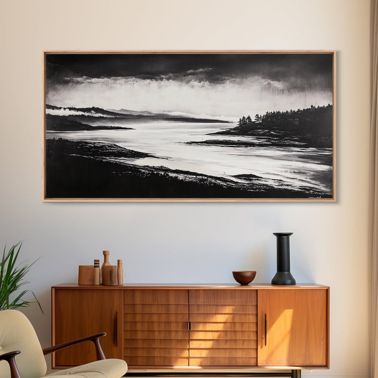 Serene Waters, Mountain Lake, Foggy Landscape, Canvas Print, Black and White Art, Minimalist Home Decor, Rustic Cabin Wall Art, Office Art