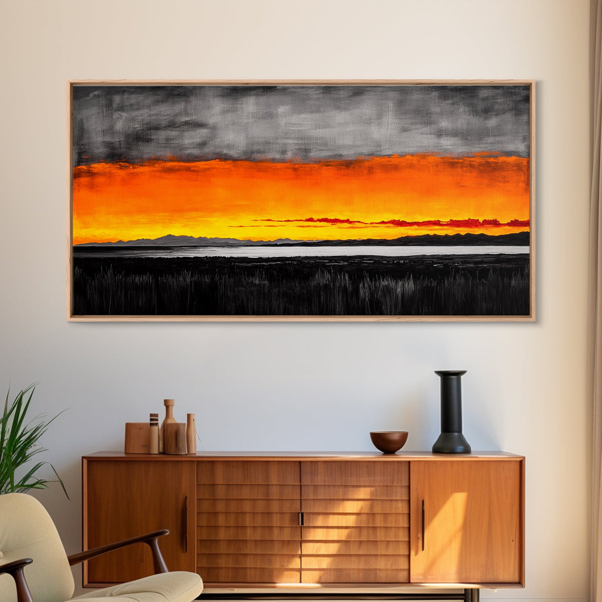 Sunset Glow, Dramatic Sky, Scenic Landscape, Bold Colors, Rustic Nature, Framed Canvas Print, Fall Decor, Living Room Wall Art