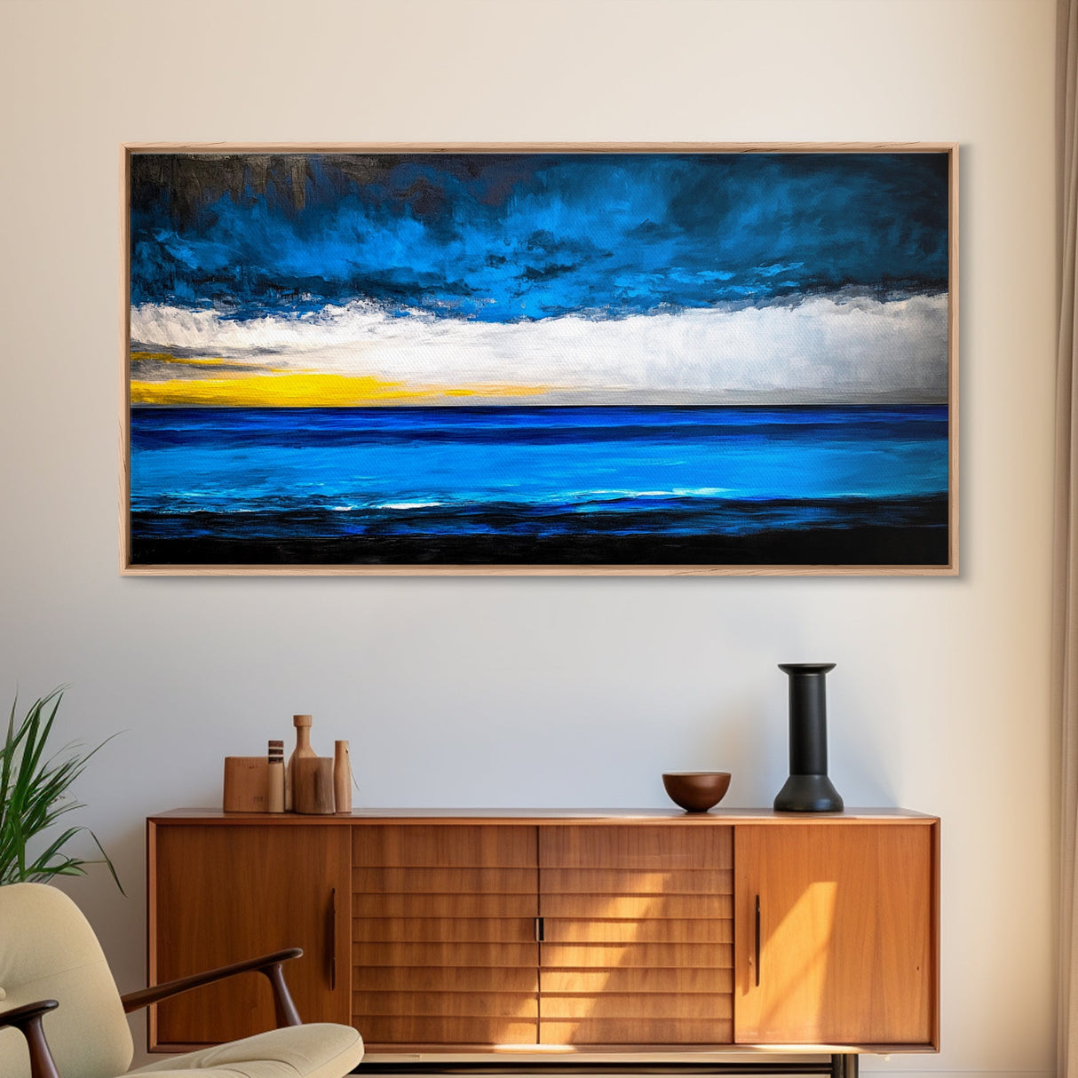 Ocean Waves, Deep Blue, Stormy Sky, Coastal Painting, Modern Seascape, Framed Canvas Print, Beach House Decor, Minimalist Wall Art