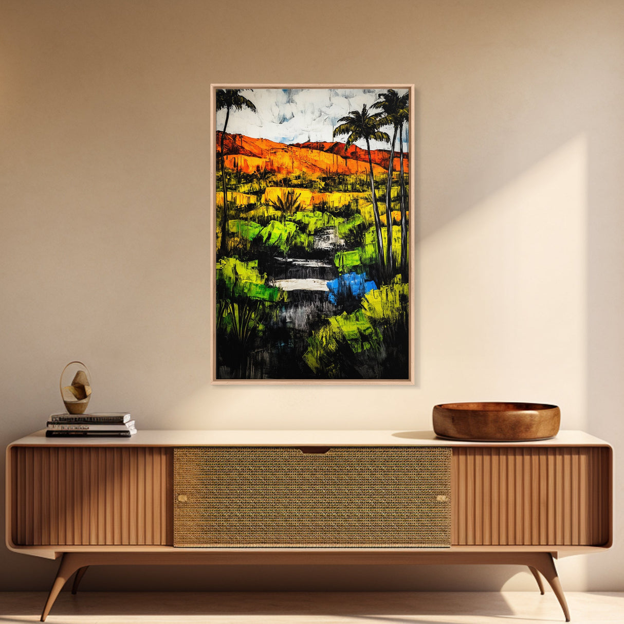 Tropical Landscape, Palm Trees, Sunset Glow, Framed Canvas Print, Vibrant Wall Art, Living Room Decor, Modern Colorful Art, Nature Scene