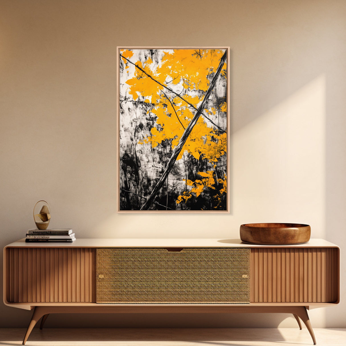 Abstract Autumn Leaves, Black White Orange, Nature Wall Art, Rustic Decor, Minimalist Fall Artwork, Living Room Art, Framed Canvas Print