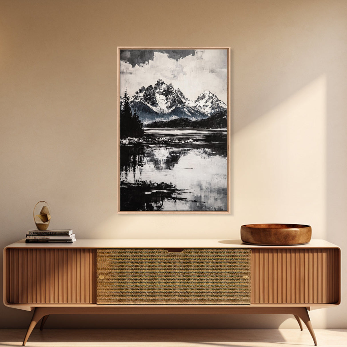 Serene Lake, Black and White Art, Nature Wall Decor, Minimalist Art, Wilderness Painting, Tranquil Wall Art, Modern Home Decor, Canvas Print