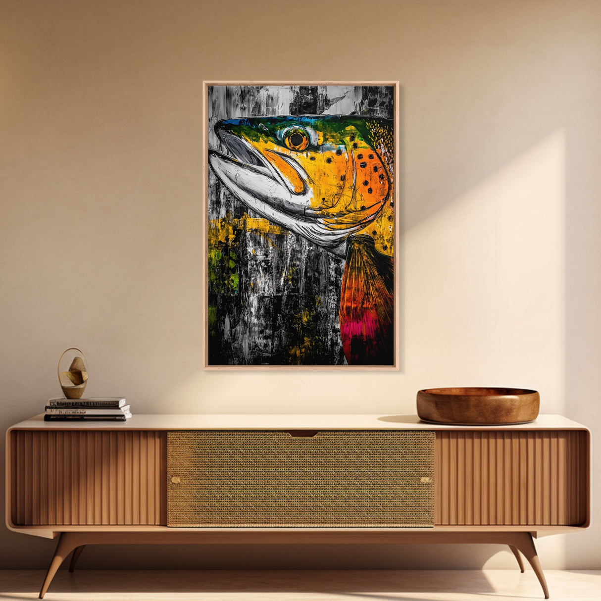 Vibrant Trout, Fishing Art, Rustic Wall Decor, Wildlife Art, Cabin Wall Art, Fisherman Gift, Framed Canvas Print, Nature Inspired Home