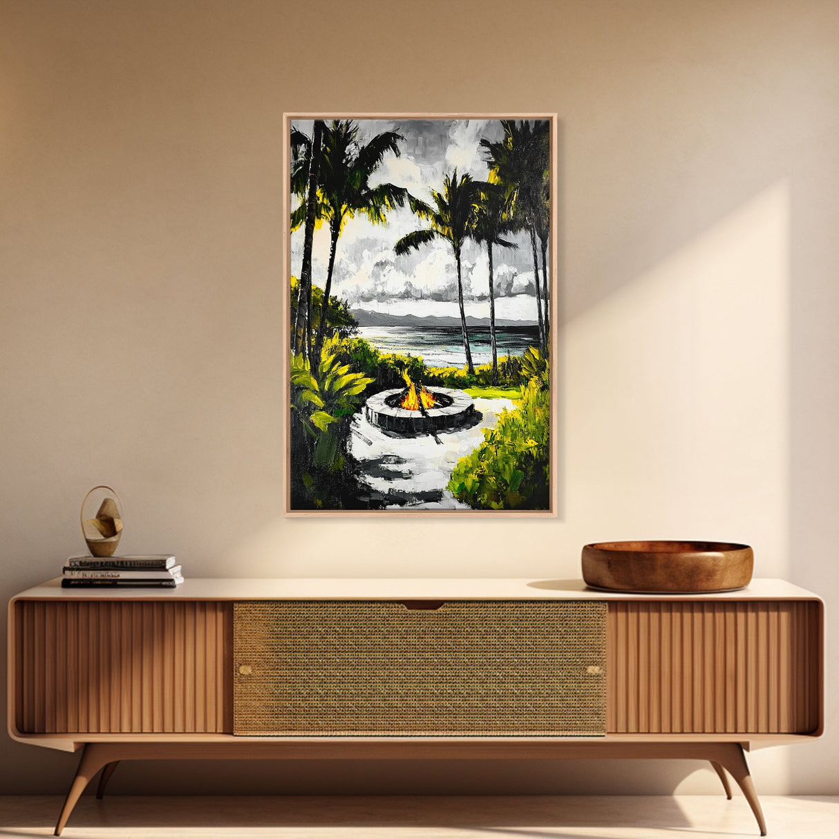 Palm Trees, Fire Pit, Coastal Escape, Beach House Decor, Black and White Art, Tropical Landscape, Canvas Print, Relaxing Wall Art