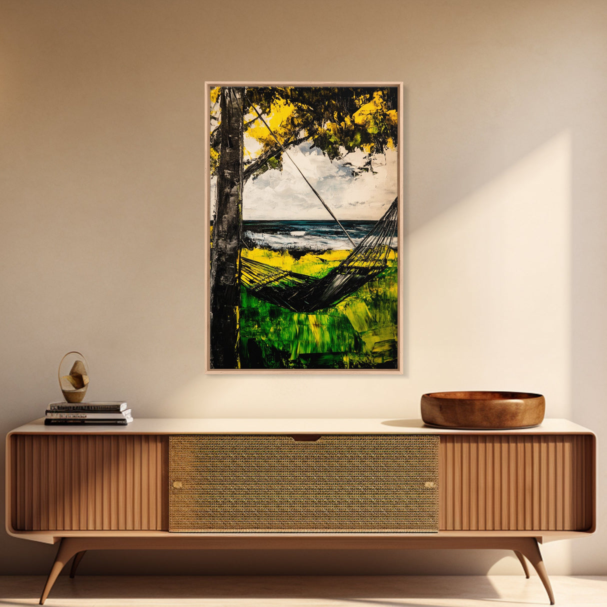 Hammock Breeze, Ocean View, Beach Retreat, Tropical Wall Art, Nature Decor, Black and White Painting, Framed Canvas Print, Coastal Vibes
