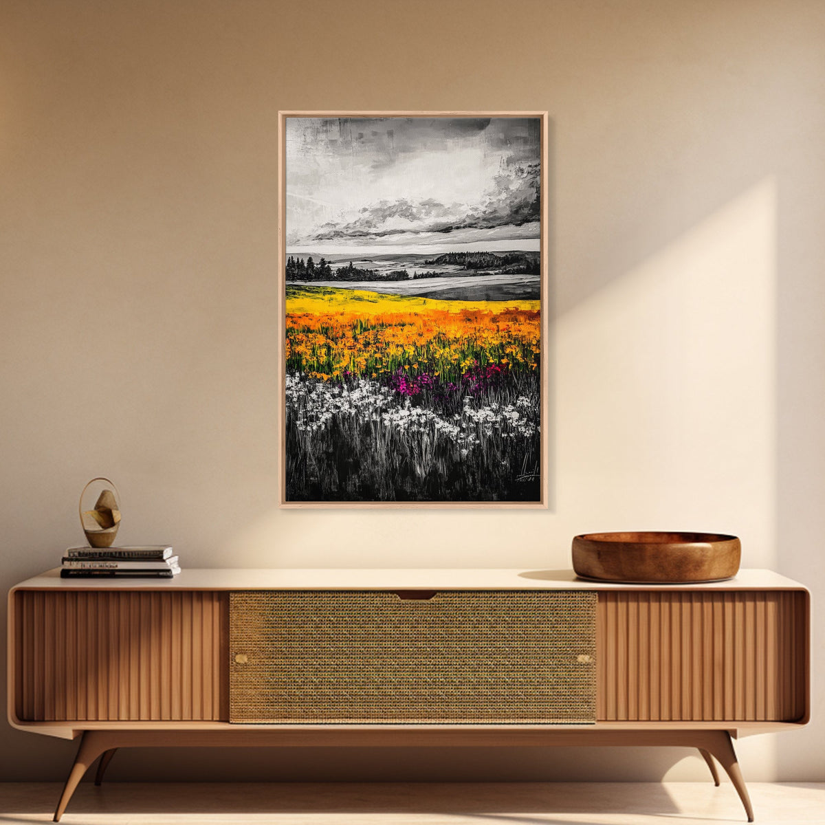 Black White Landscape, Yellow Wildflower Field, Nature Wall Art, Rustic Farmhouse Art, Country Home Decor, Office Art, Framed Canvas Print