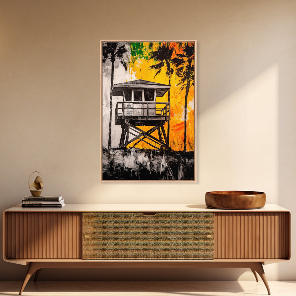 Lifeguard Tower, Beach House Art, Tropical Wall Art, Coastal Sunset, Vibrant Palm Trees, California Decor, Canvas Print, Living Room