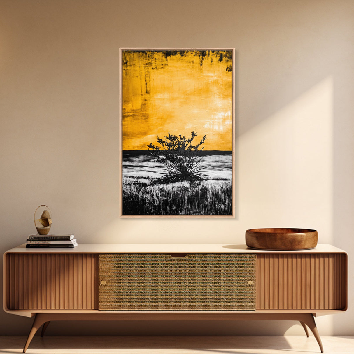 Golden Horizon, Minimalist Desert Art, Warm Sunset Tones, Contemporary Landscape, Boho Home Decor, Framed Canvas Print, Gift Idea