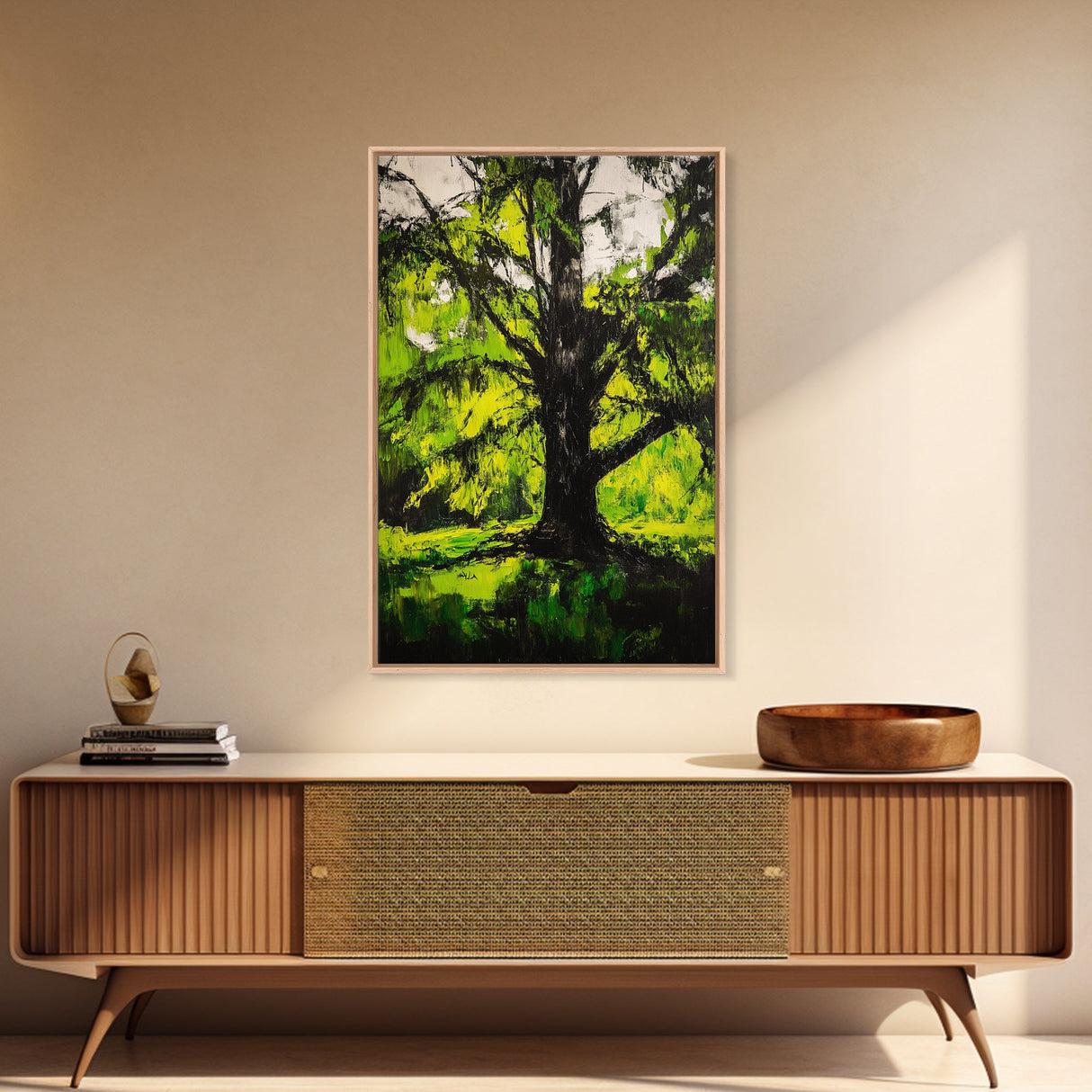 Majestic Tree, Forest Green, Nature Inspired, Framed Canvas Print, Botanical Wall Art, Office Wall Decor, Boho Landscape