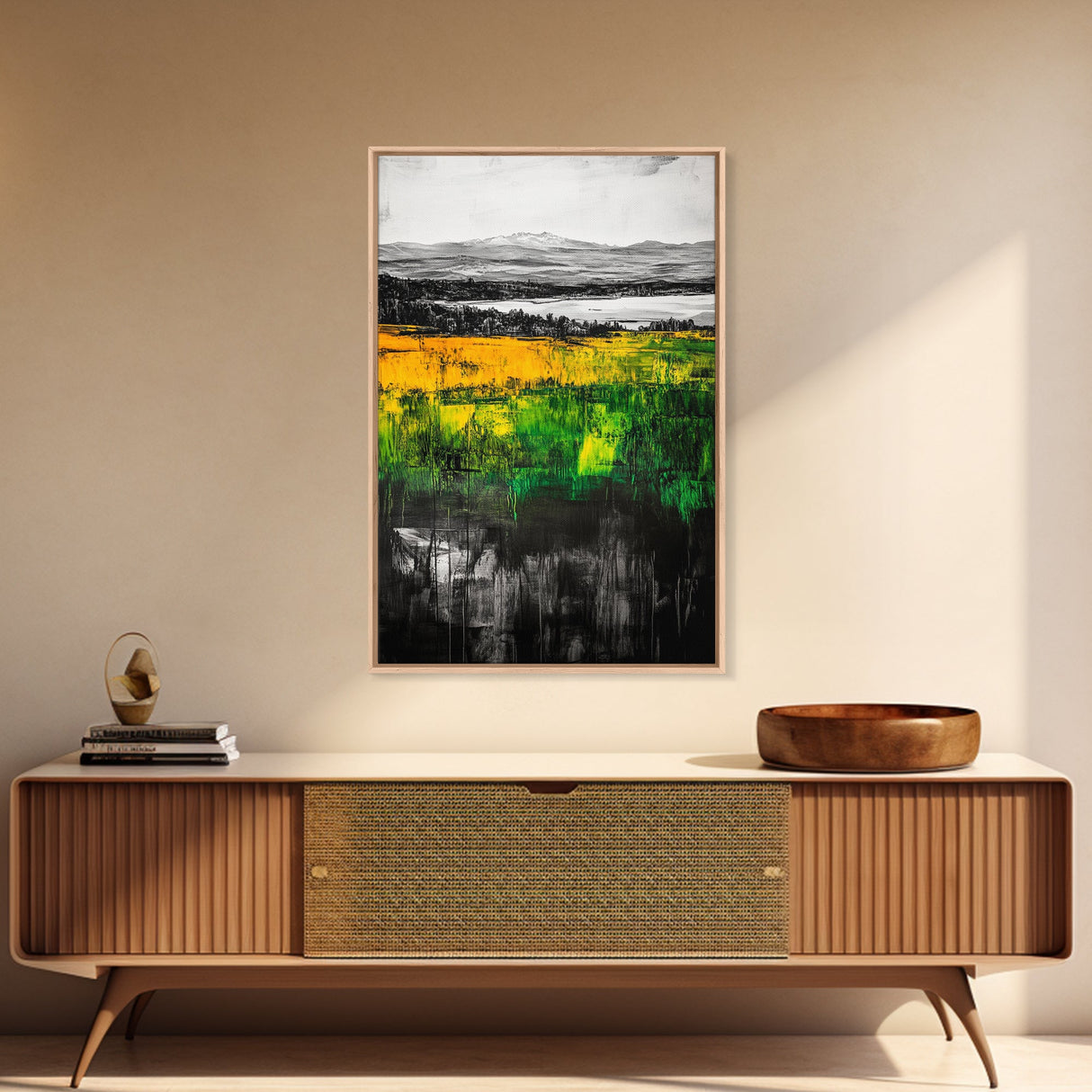Mountain View, Golden Fields, Lakeside Horizon, Framed Canvas Print, Rustic Landscape, Nature Wall Art, Modern Farmhouse