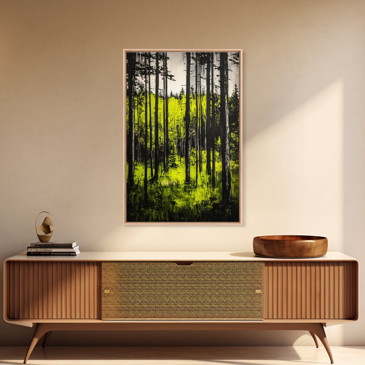 Forest Sunlight, serene nature painting, lush green forest, peaceful landscape wall art, calming home decor, framed canvas print, cabin art