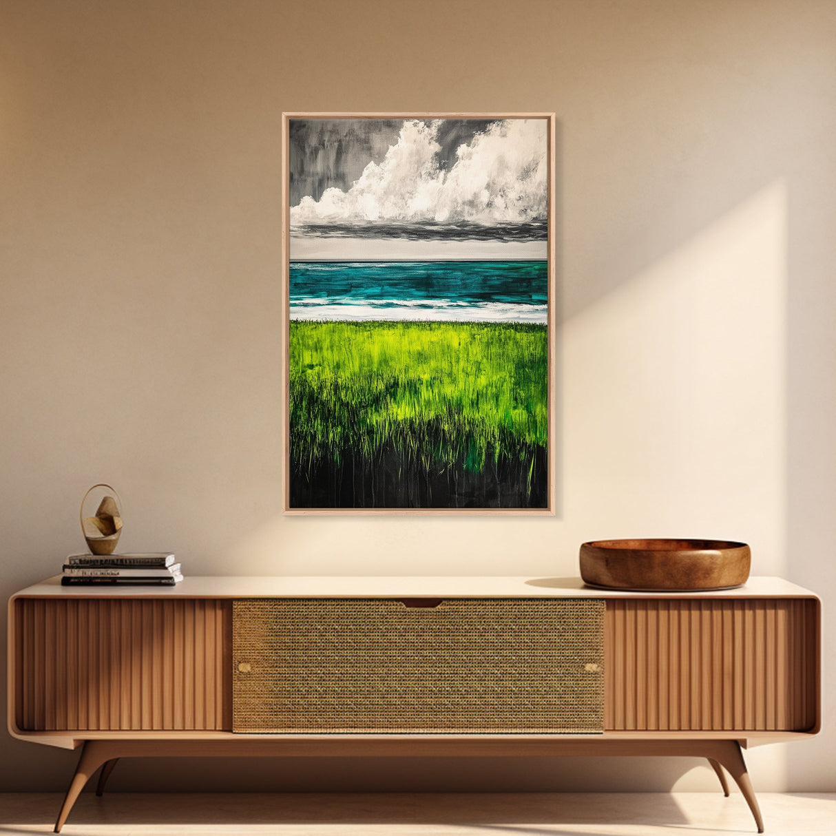 Coastal Landscape Art, Green Blue Ocean, Canvas Print, Serene Beach Wall Decor, Minimalist Nature Painting, Tranquil Home Accent