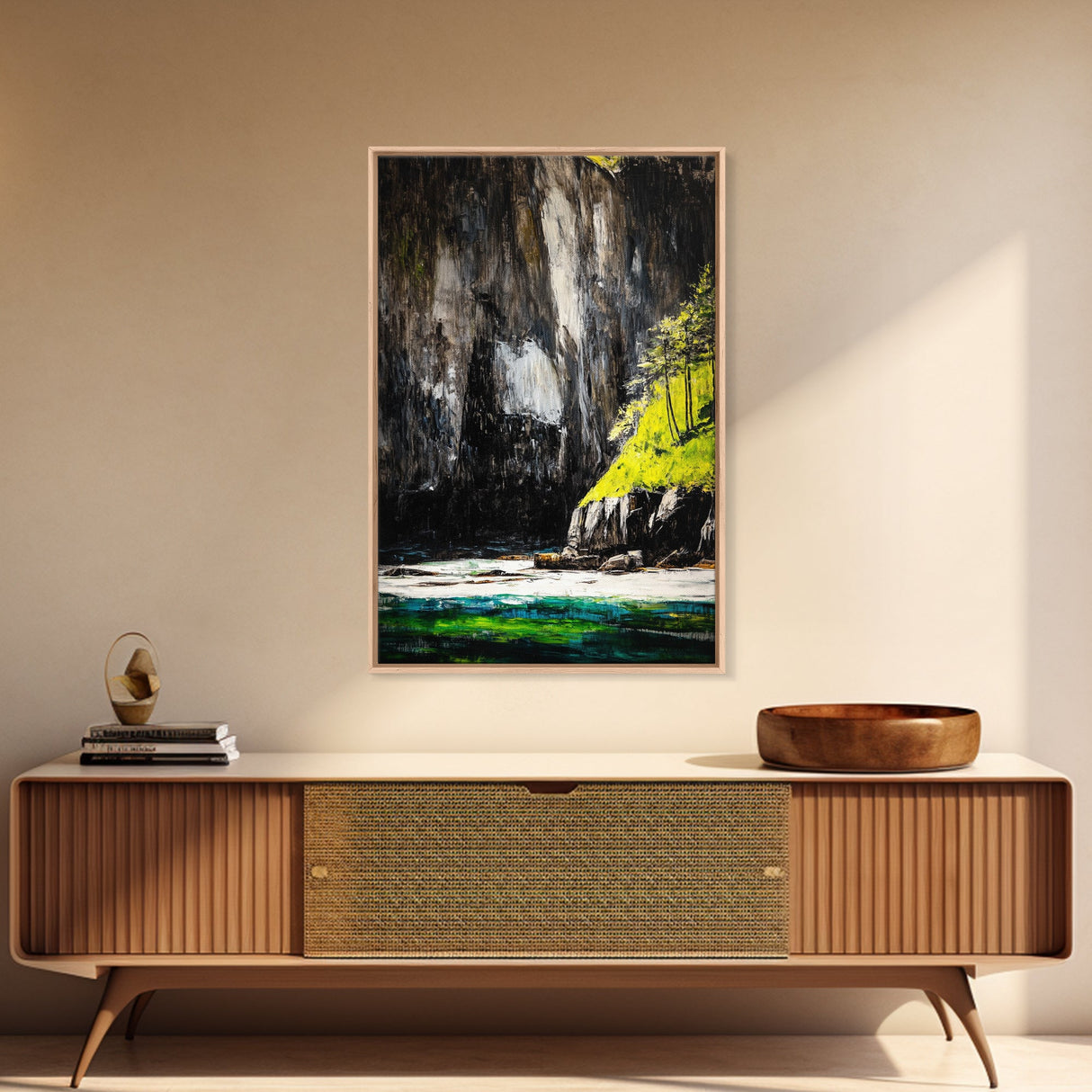 Mountain River, Nature Landscape Art, Moody Scenic Painting, Rustic Home Wall Art, Black and White Aesthetic, Framed Canvas Print