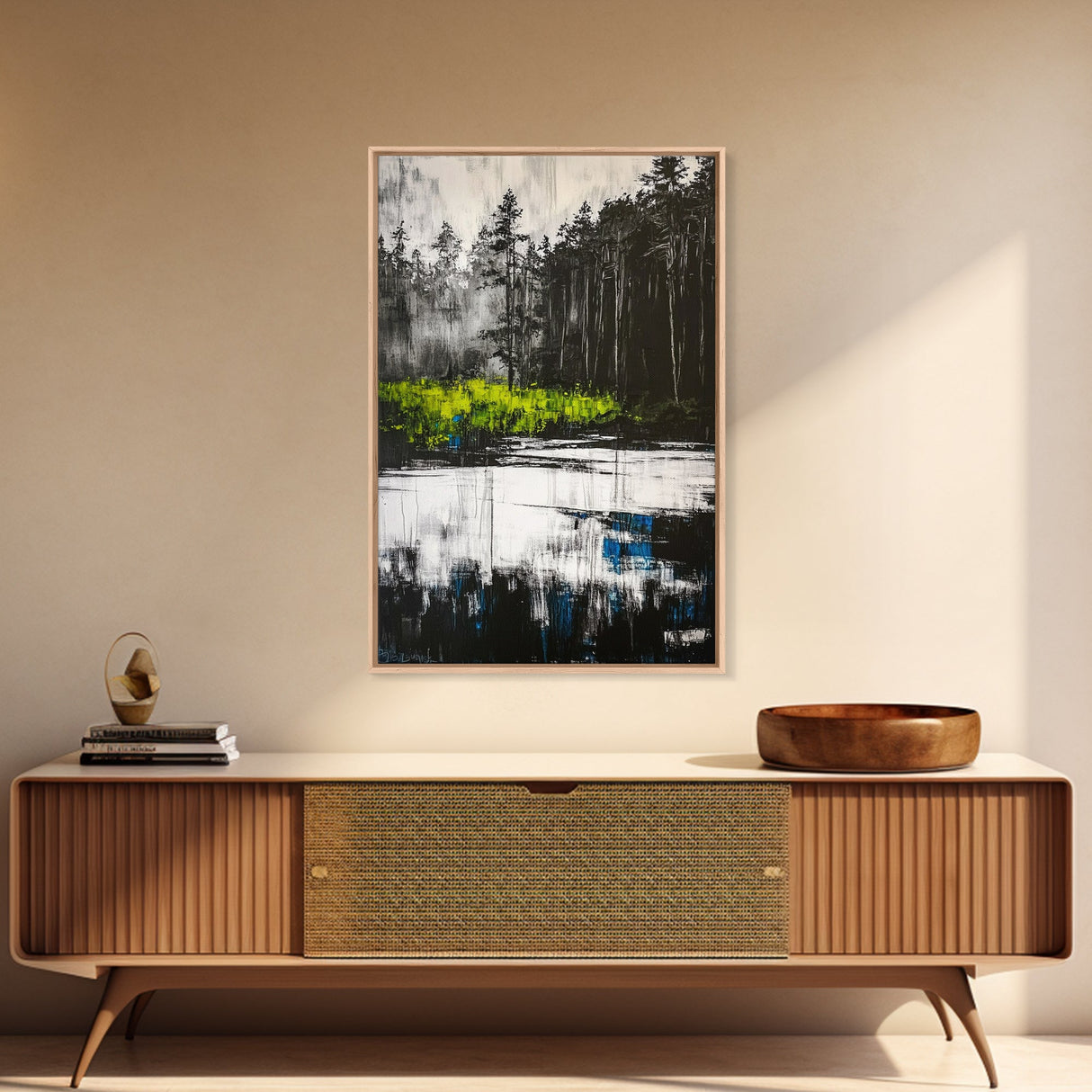 Misty Forest, Reflection, Tranquil Landscape, Framed Canvas Print, Nature Wall Art, Black and White Decor, Bedroom Art, Rustic Home