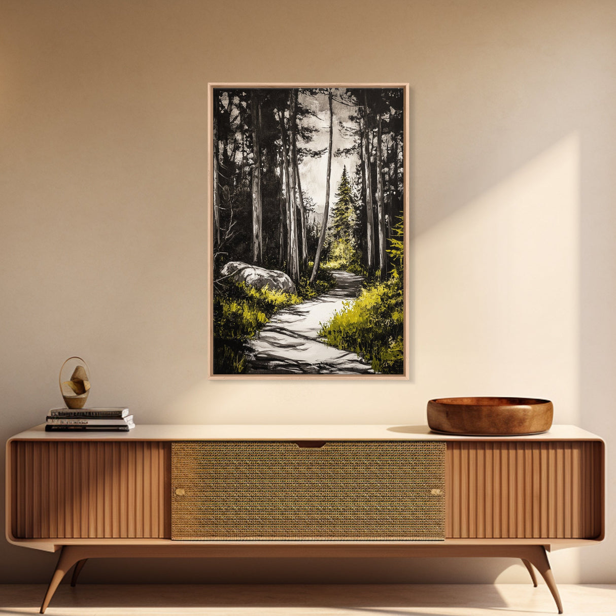 Sunlit Trail, Forest Path, Nature Landscape, Canvas Print, Woodland Wall Art, Minimalist Art, Living Room Decor, Fall Aesthetic
