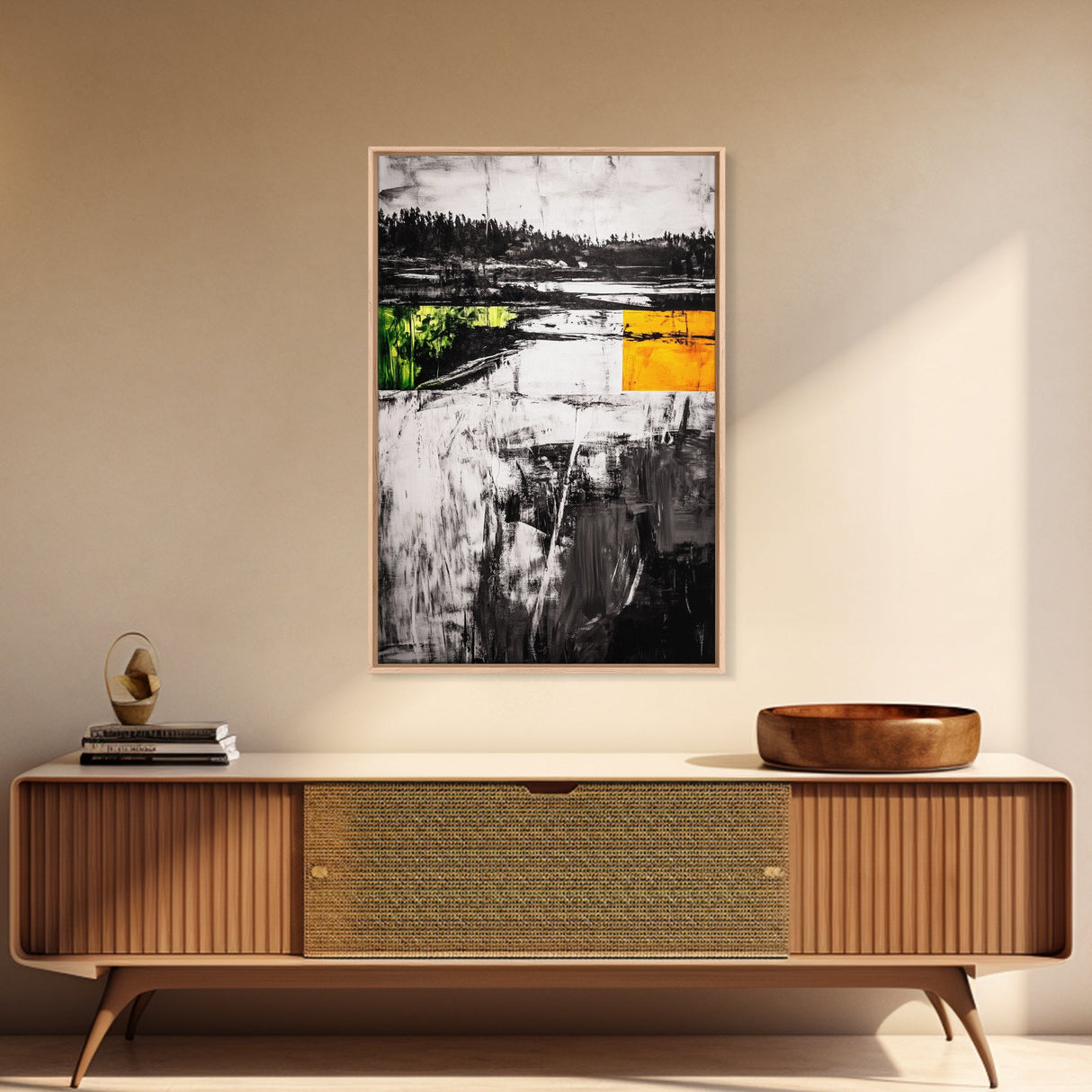 Minimalist Landscape, Abstract Nature, Modern Print, Contemporary Painting, Black and White, Green Accents, Framed Canvas Print, Bedroom Art