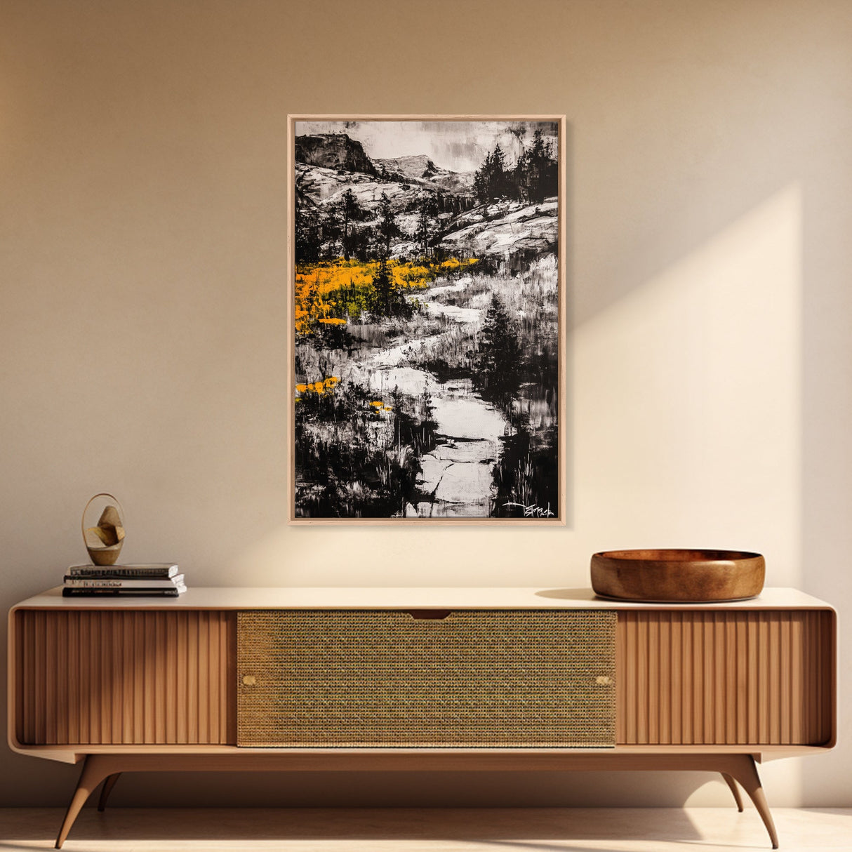 Mountain Path, Black and White Landscape, Dramatic Nature Painting, Wilderness Wall Art, Framed Canvas Print, Rustic Lodge or Office Decor