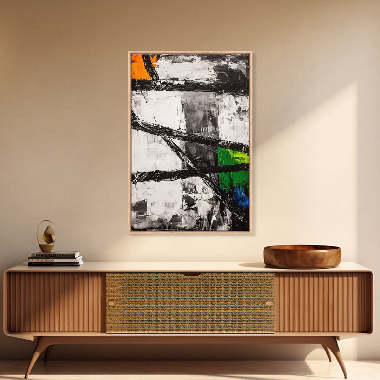 Geometric Abstract, Black and White with Green and Yellow Accents, Modern Minimalist Wall Art, Framed Canvas Print, Office or Loft Decor