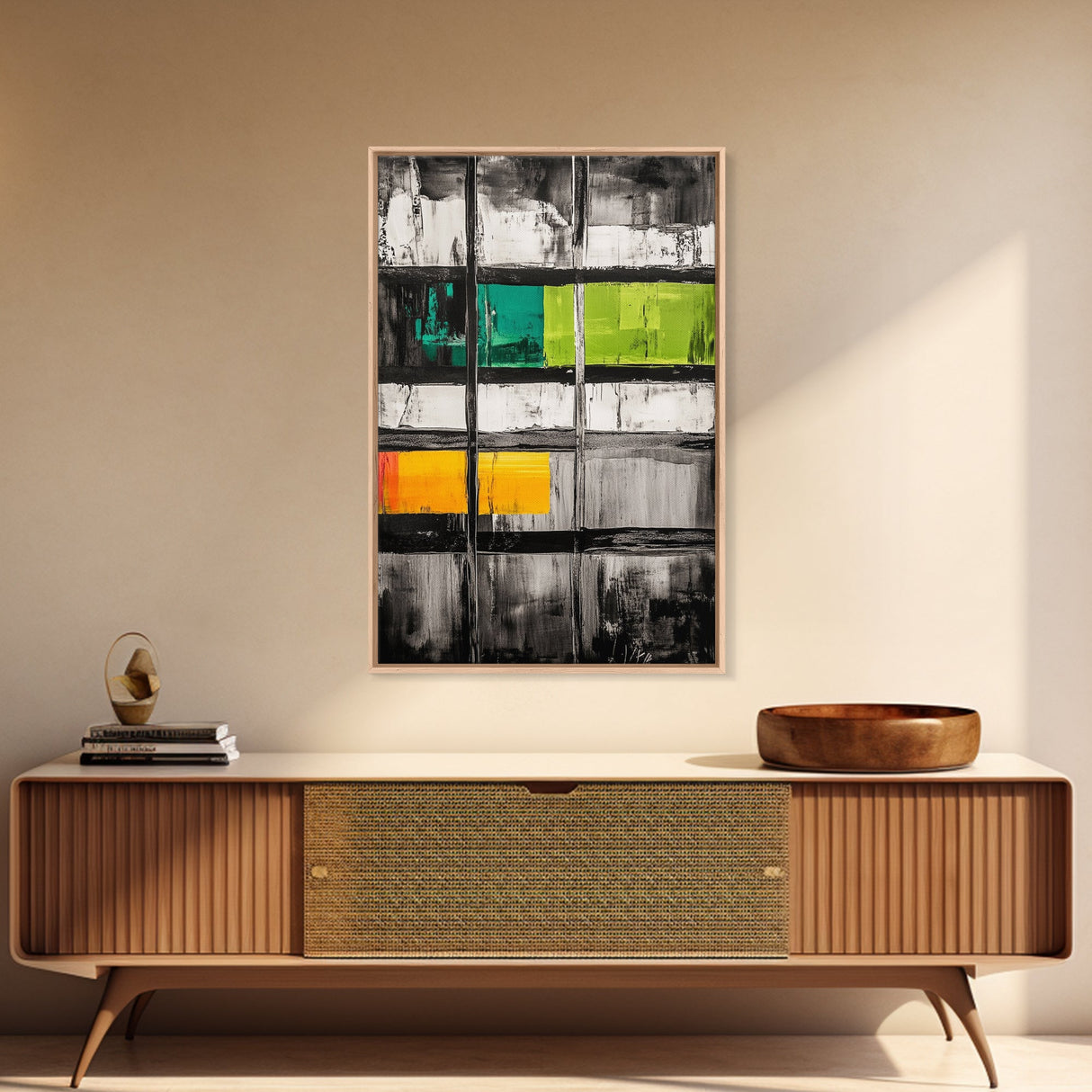 Modern Window Abstract, Black and White with Green and Yellow, Geometric Wall Art, Contemporary Interior Design, Framed Canvas Print