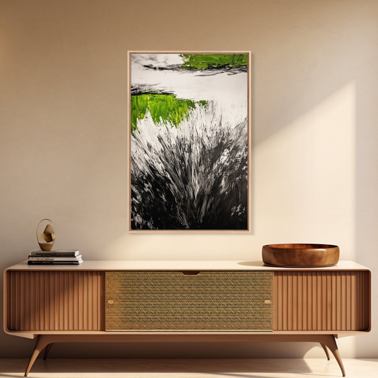 Wild Grass, Black and White with Green Accents, Abstract Nature Painting, Framed Canvas Print, Rustic Farmhouse or Living Room Decor