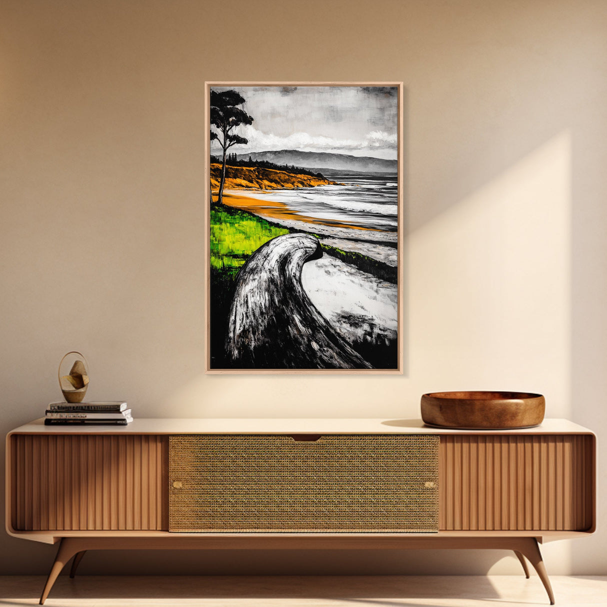 Driftwood Shore, Ocean Beach Wall Art, Modern Coastal Decor, Nature Seascape Print, Tranquil Waves, Framed Canvas Print