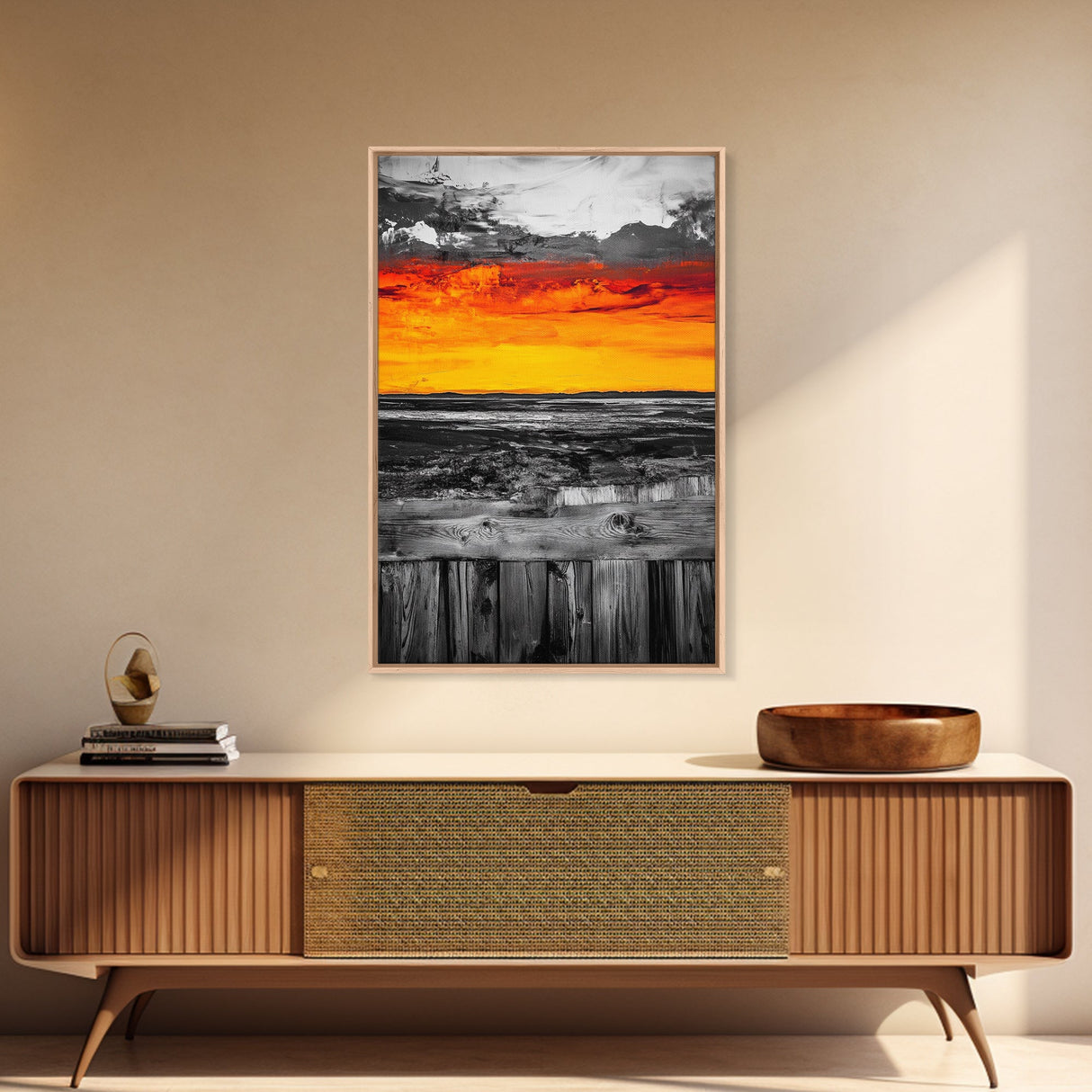 Sunset Landscape, Rustic Fence, Fiery Sky Art, Bold Color Wall Art, Abstract Nature Scene, Canvas Print, Boho Home Decor