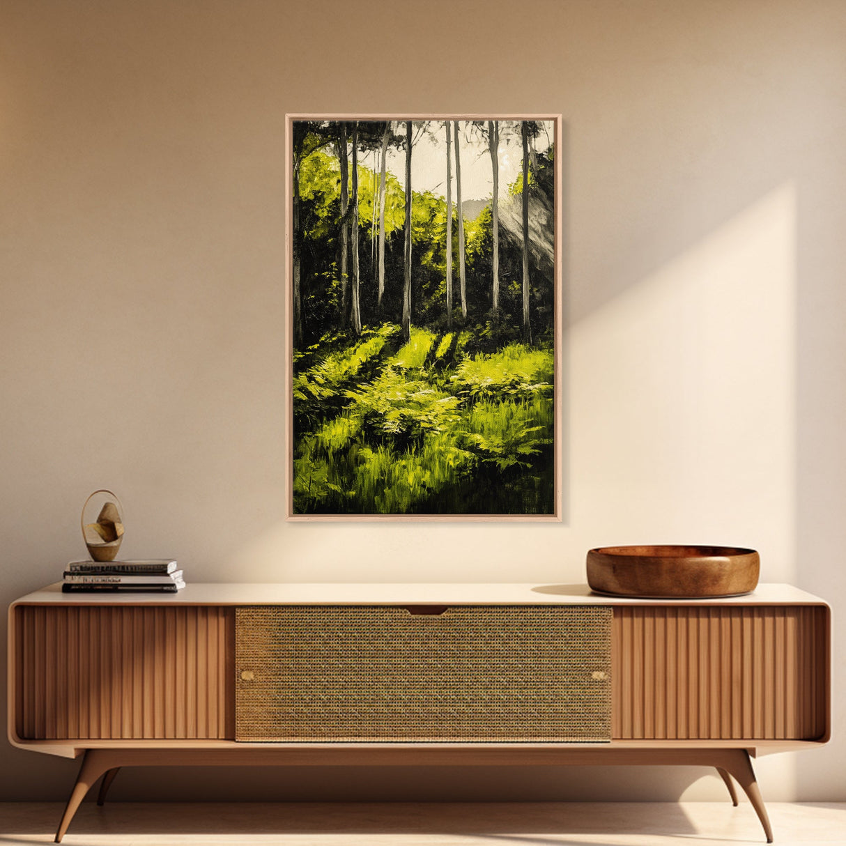Forest Scene, Green Woodland Art, Sunlit Trees Print, Serene Nature Wall Decor, Cozy Cabin Art, Framed Canvas Print, Rustic Home Decor