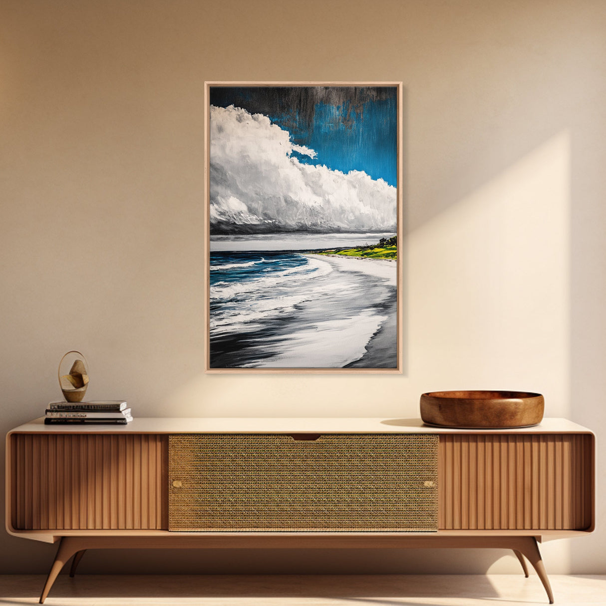 Beach Serenity, Coastal, Ocean Waves, Nature Art, Framed Canvas Print, Living Room Wall Art, Beach House Decor, Minimalist Landscape