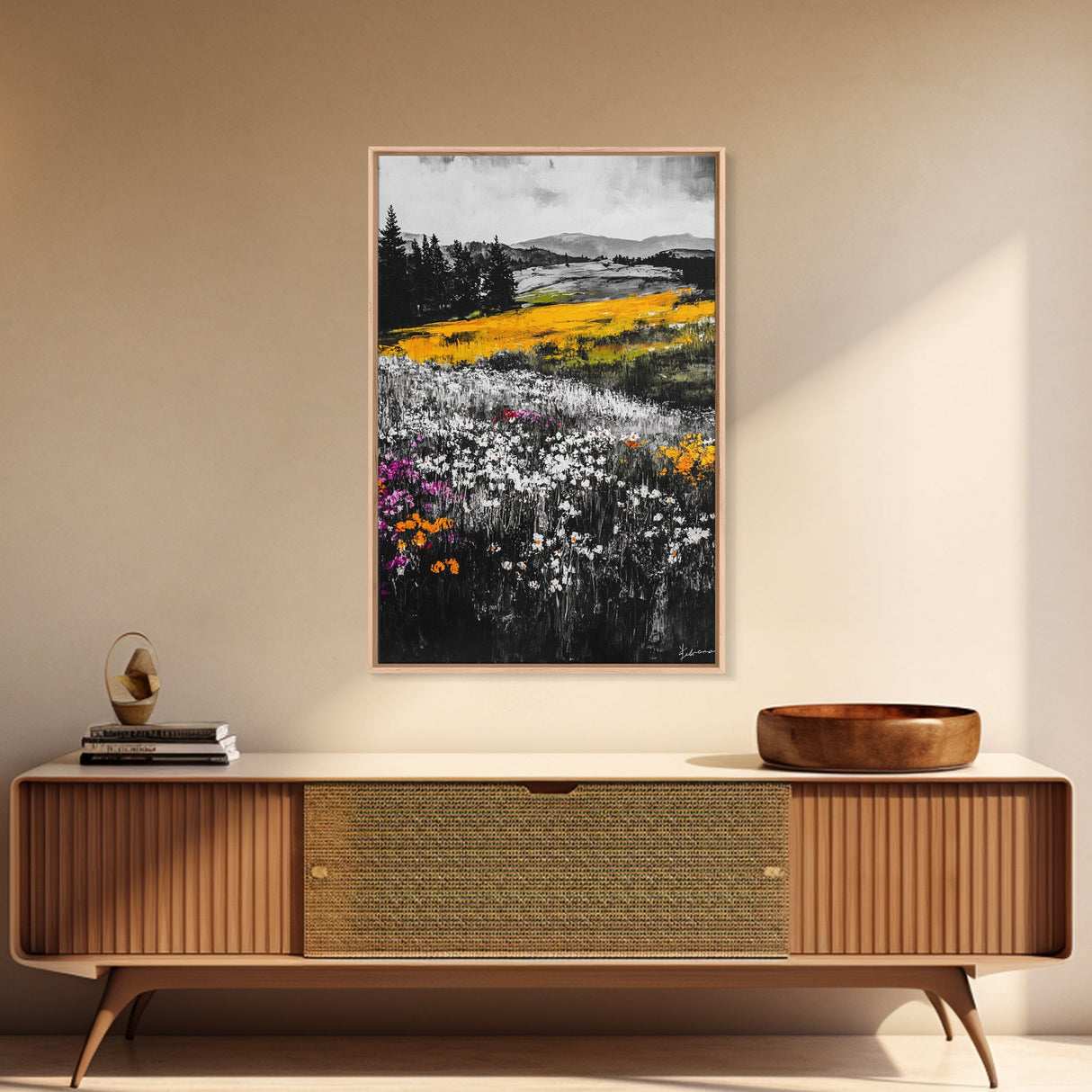 Wildflower Meadow, Mountain Art, Framed Canvas Print, Nature Wall Art, Vibrant Floral Painting, Spring Landscape Art, Living Room Decor