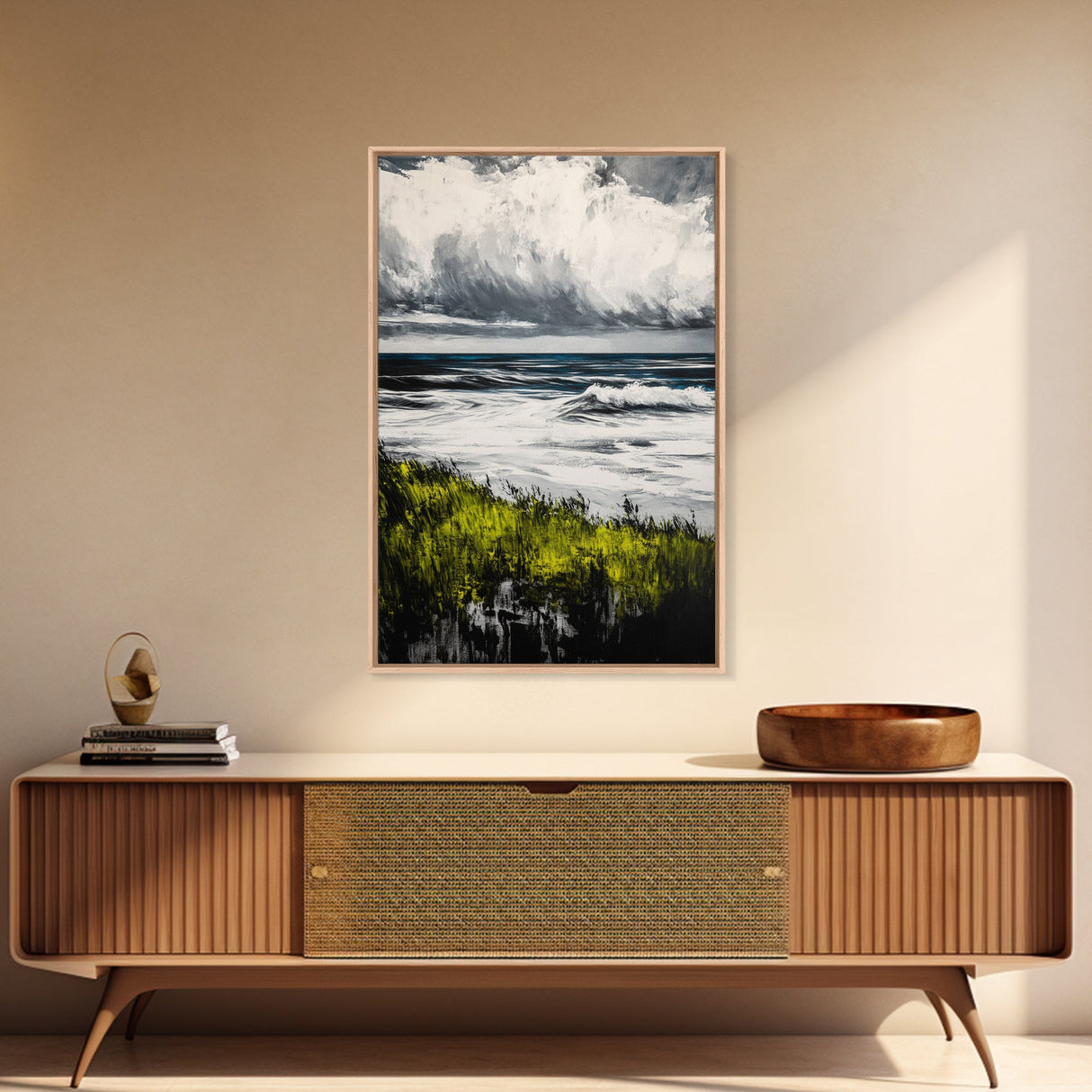 Ocean Waves, Storm Clouds, Coastal Drama, Seascape Wall Art, Framed Canvas Print, Modern Home Decor, Blue Gray Tones, Beach Aesthetic