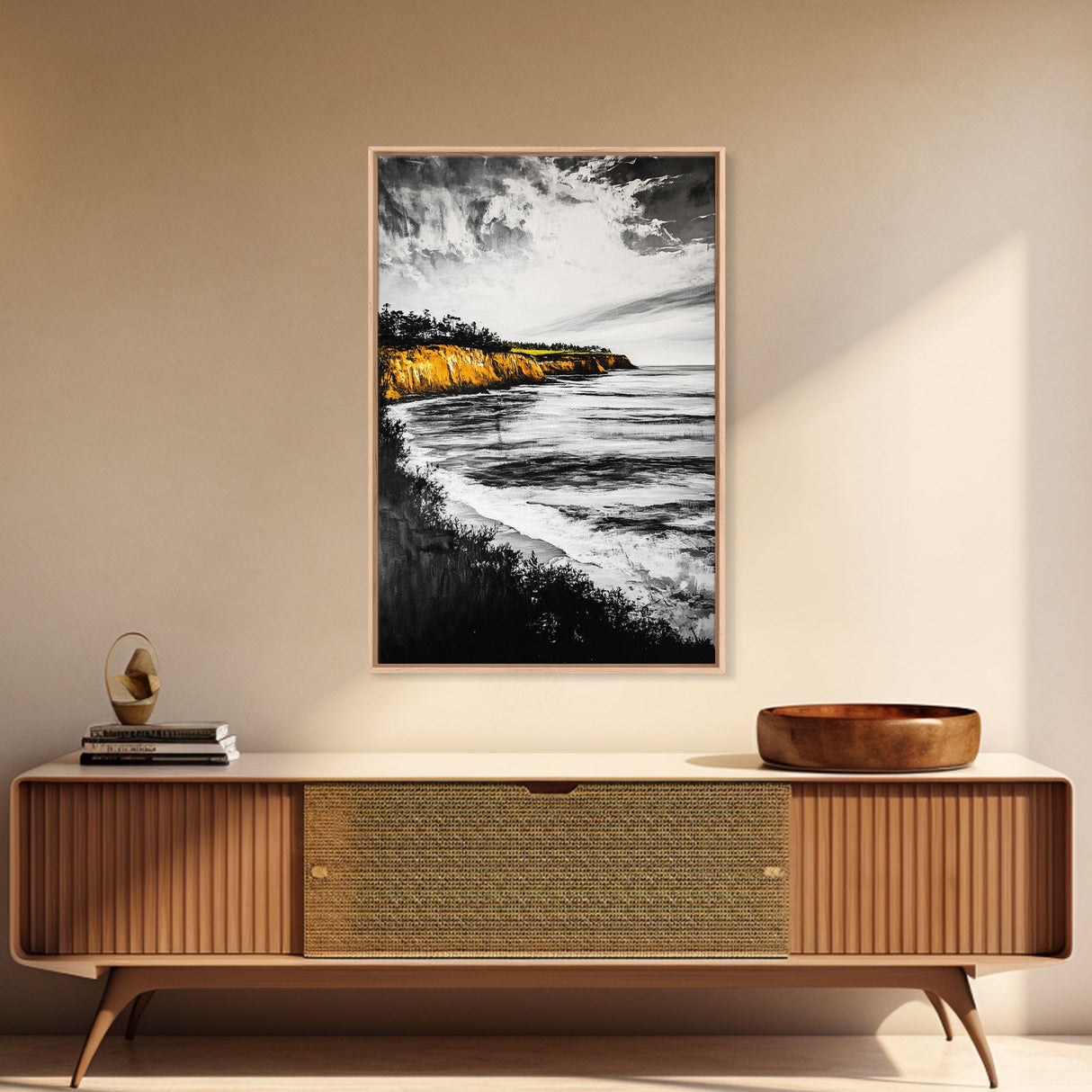Golden Cliffs, Ocean Landscape, Beach House Wall Art, Canvas Print, Coastal Scene, Black and White Painting, Sunset Inspired Decor