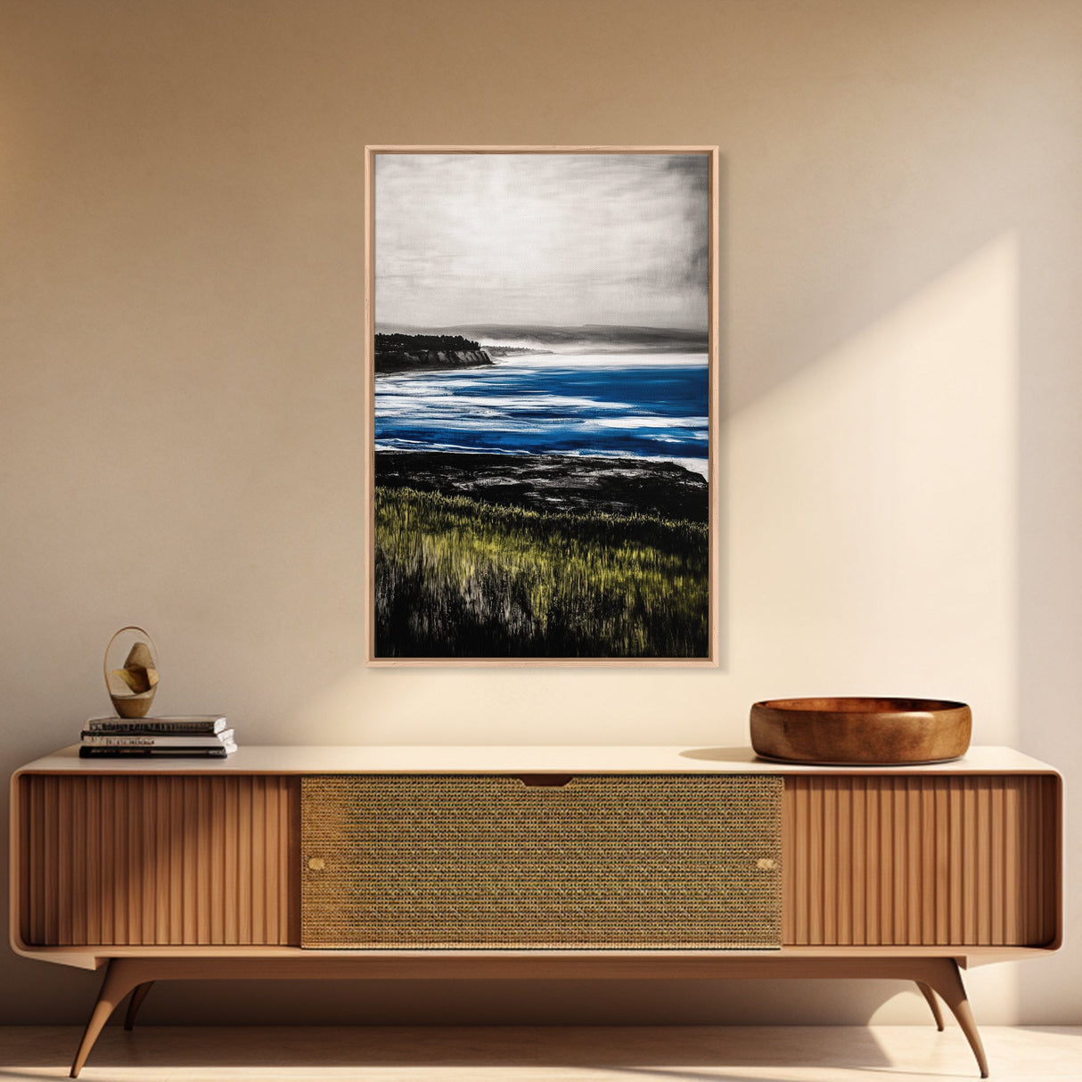 Misty Coast, Cliffside View, Ocean Horizon, Framed Canvas Print, Coastal Home Decor, Nautical Painting, Minimalist Wall Art