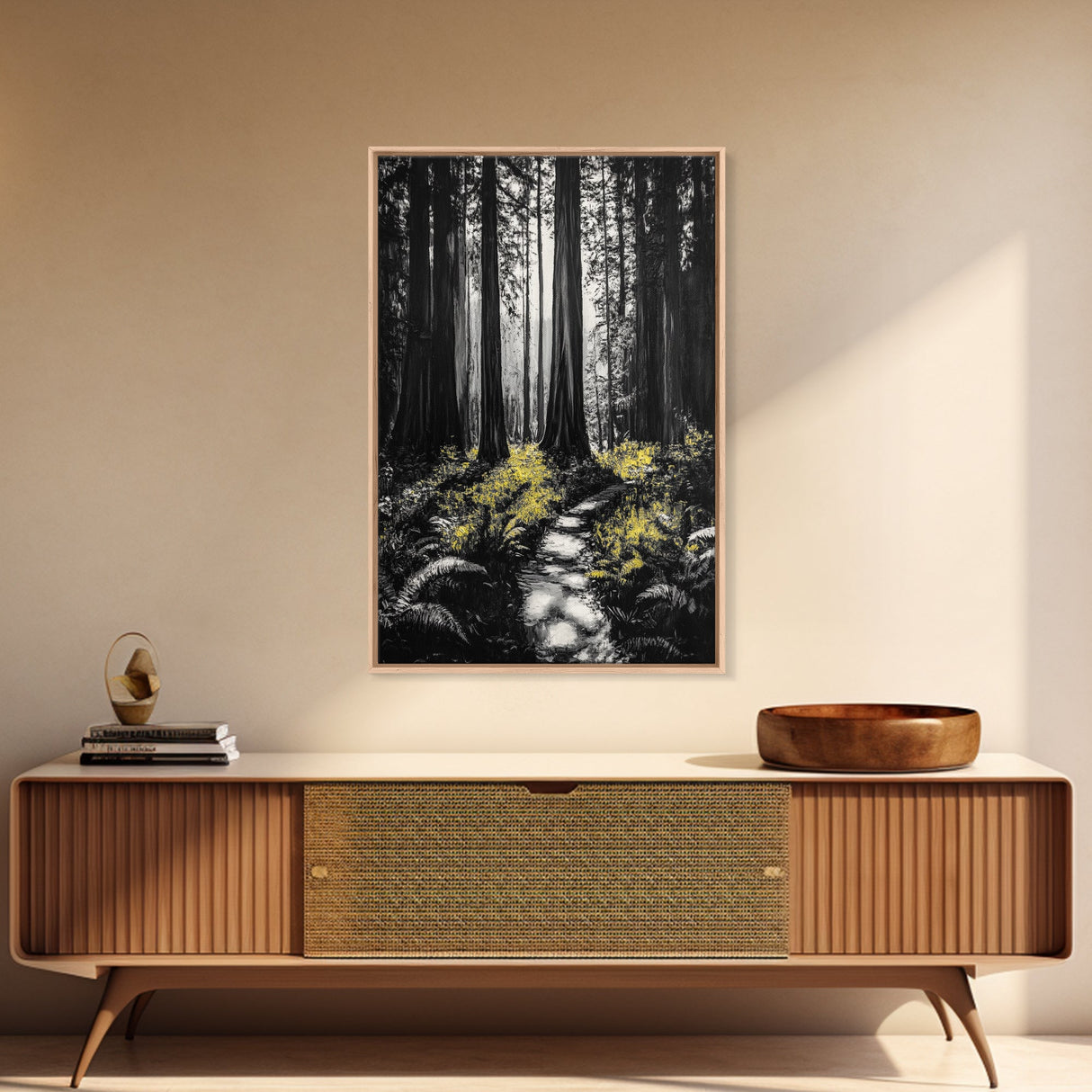 Redwood Forest, Tall Trees, Nature Path, Canvas Print, Moody Wall Art, Black and White Painting, Rustic Home Decor, Cabin Artwork