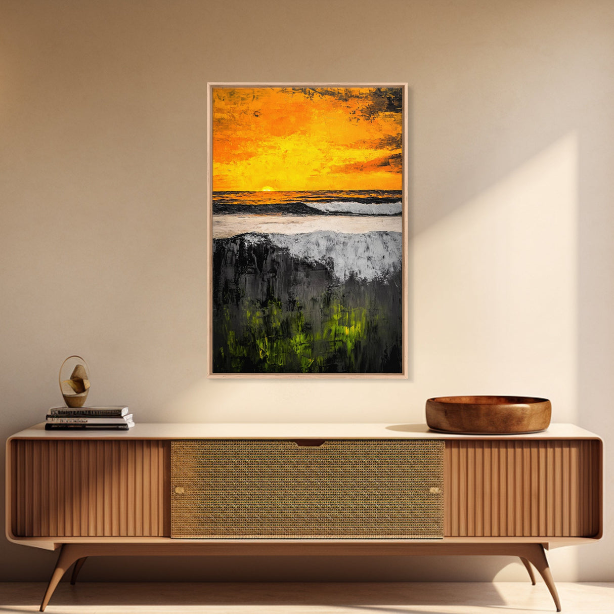 Fiery Sunset, Ocean Waves, Golden Sky, Framed Canvas Print, Tropical Beach Art, Coastal Decor, Living Room Wall Art, Bold Colors
