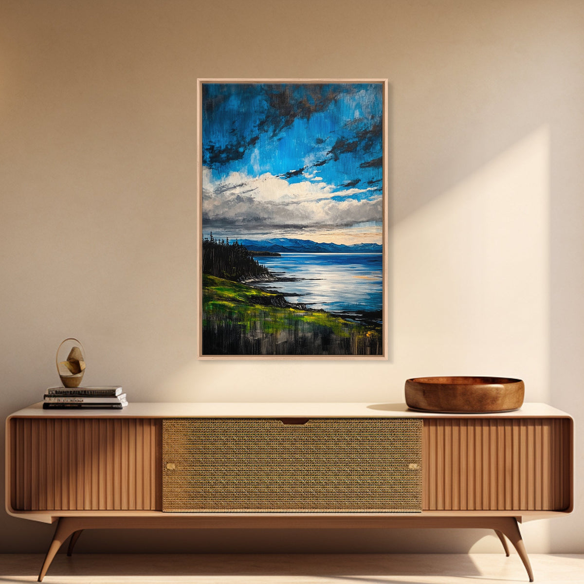 Mountain Lake Art, Nature Print, Landscape Decor, Tranquil Water View, Living Room Wall Art, Cabin Aesthetic, Framed Canvas Print