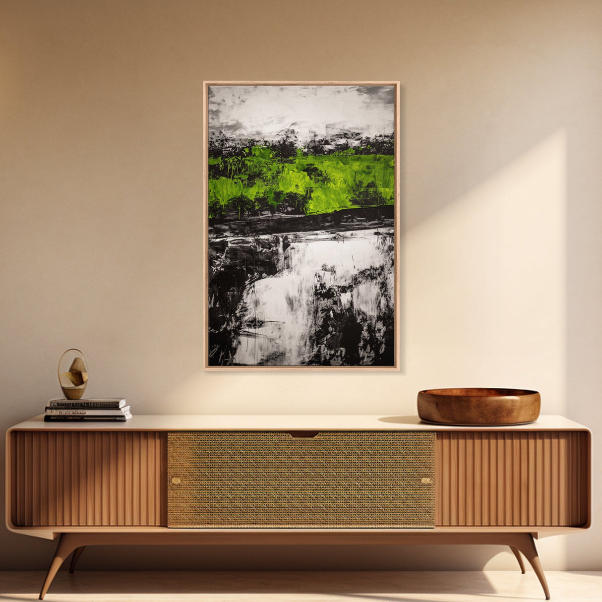 Abstract Art, Green and Black Print, Bold Nature Inspired Decor, Contemporary Wall Art, Modern Home Aesthetic, Framed Canvas Print