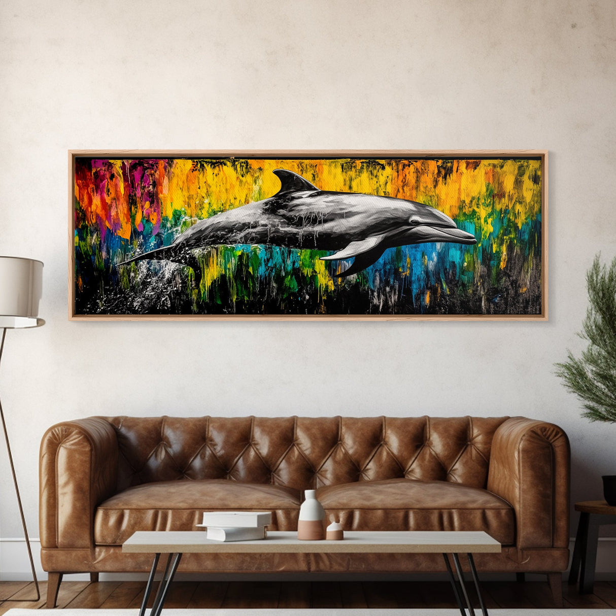 Dolphin Splash, Ocean Wildlife, Framed Canvas Print, Colorful Wall Art, Beach House Decor, Living Room Art, Vibrant Sea Life Painting