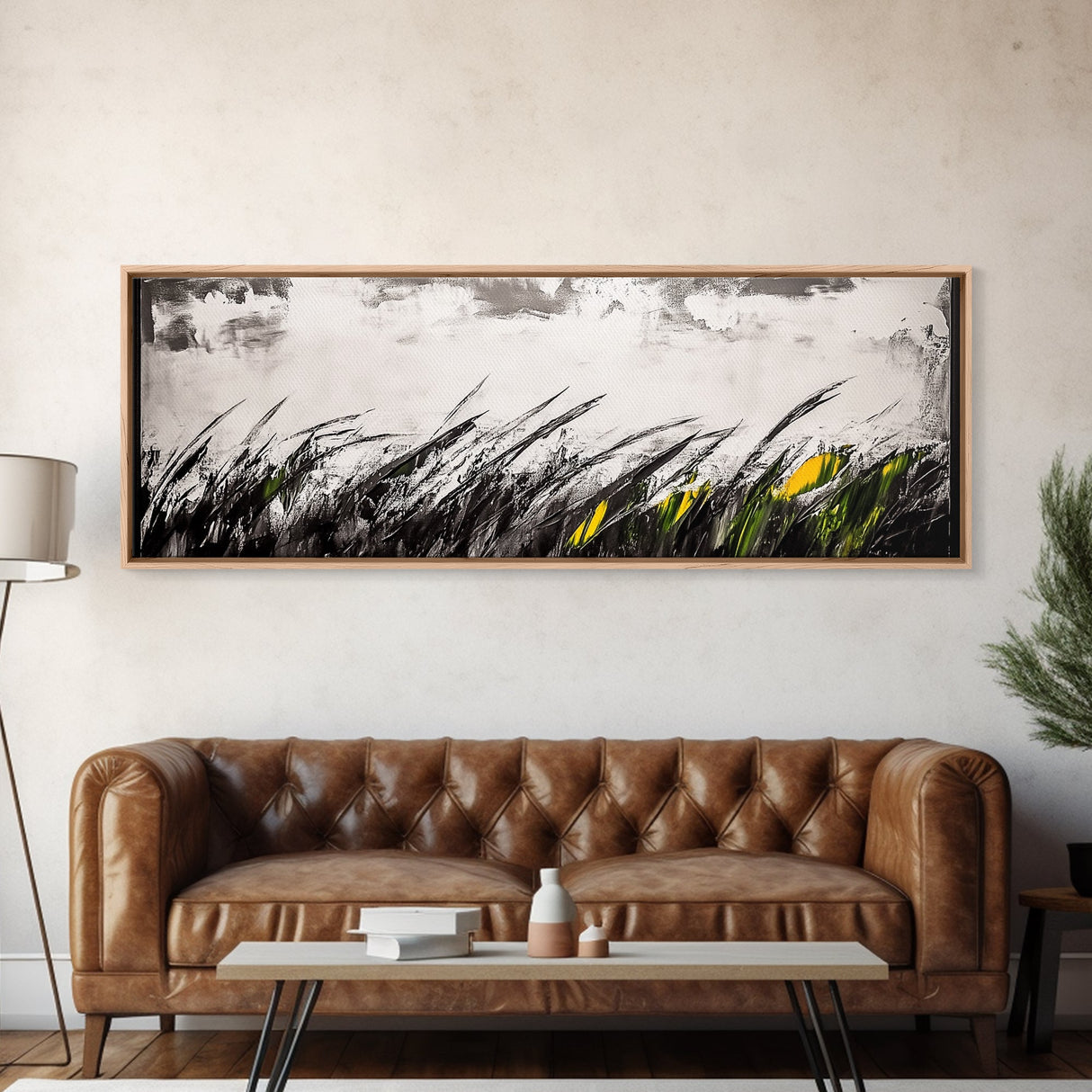 Grassy Field Painting, Minimalist Art, Nature Inspired, Modern Wall Decor, Black and White Art, Framed Canvas Print, Office Wall Art