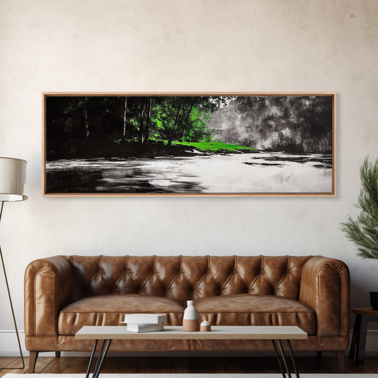 Misty Forest, River Landscape, Green Nature, Framed Canvas Print, Large Wall Art, Nature Wall Decor, Living Room Art, Modern Art