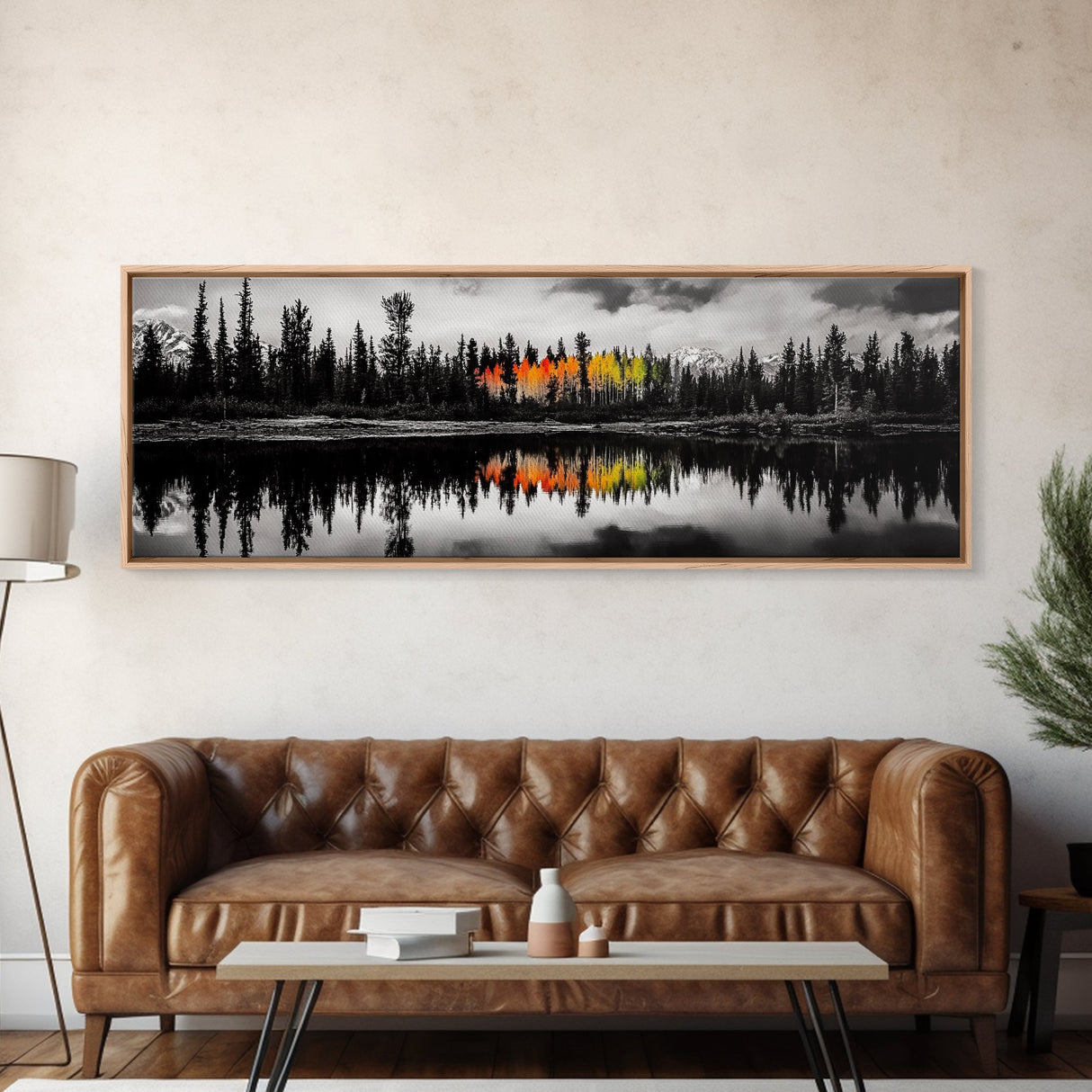 Fall Reflections, Black and White Forest, Vibrant Autumn Colors, Nature Photography, Living Room Wall Art, Canvas Print, Large Wall Art