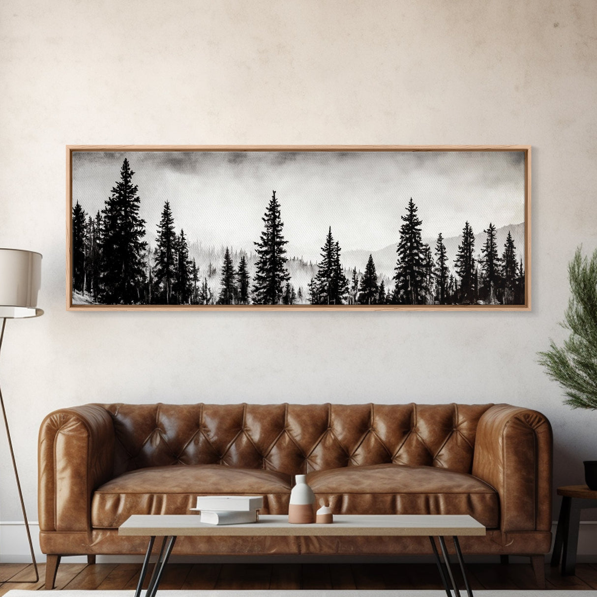 Foggy Pines, Black and White Nature Art, Minimalist Forest Print, Modern Wall Decor, Living Room Wall Art, Framed Canvas Print, Rustic Home Decor