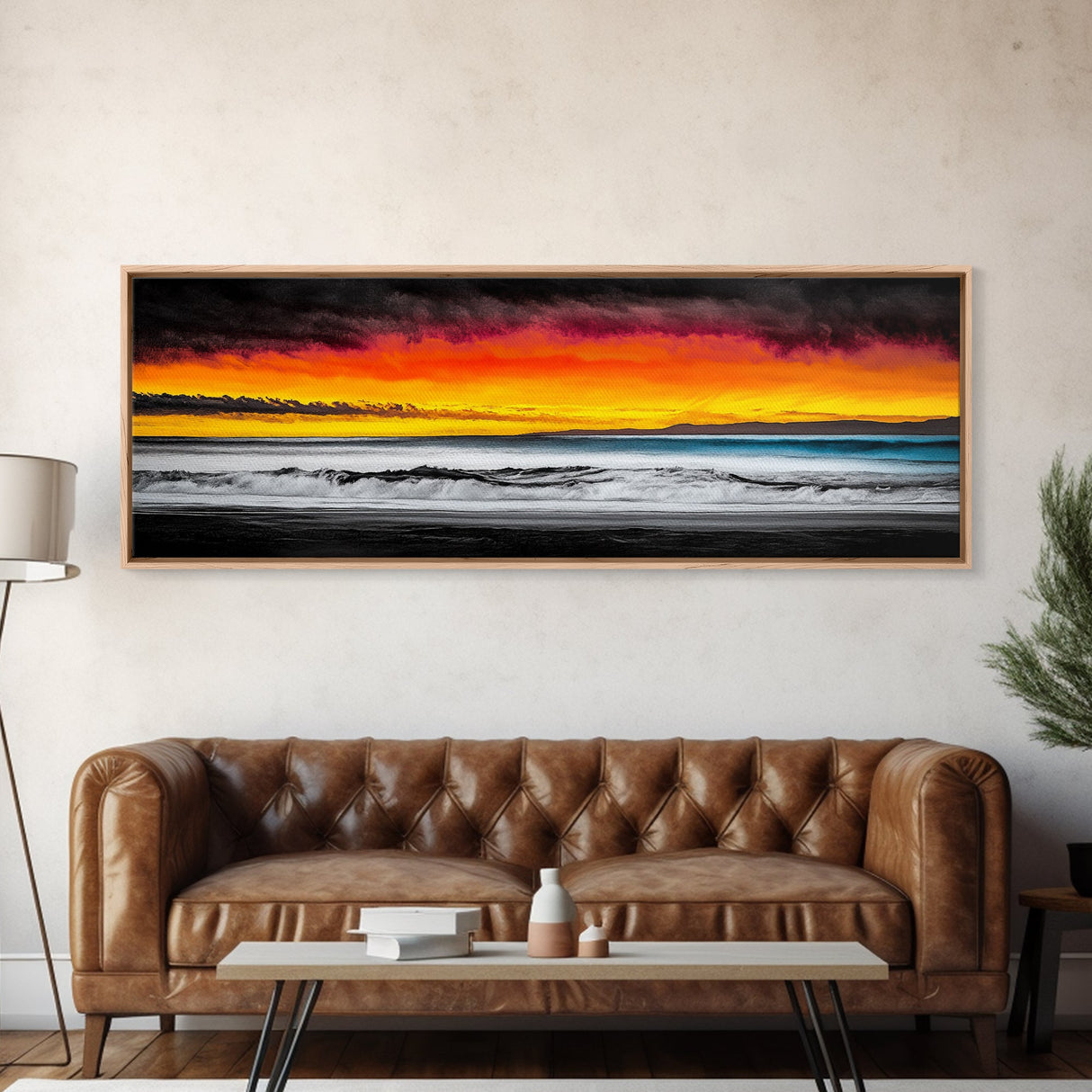 Fiery Sunset, Beach Scene, Ocean Waves, Vibrant Seascape, Framed Canvas Print, Living Room Art, Modern Coastal Wall Art, Beach House Decor