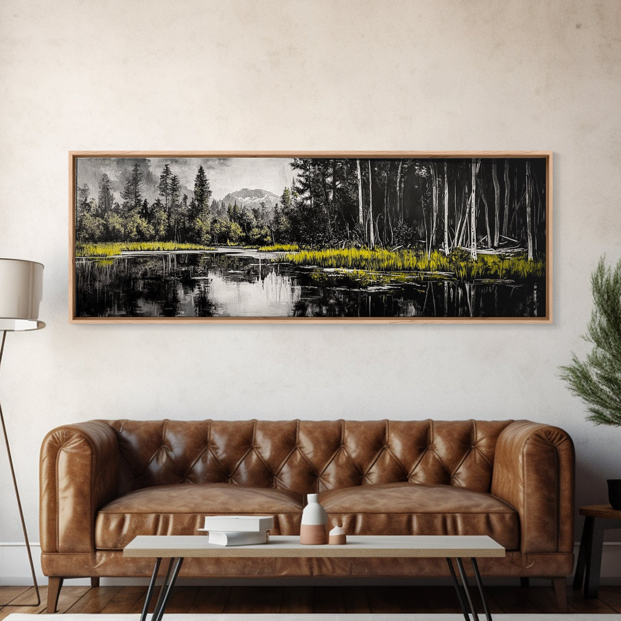 Misty Forest, Mountain Reflections, Black and White Nature Art, Framed Canvas Print, Living Room Decor, Wilderness Wall Art, Scenic Landscape