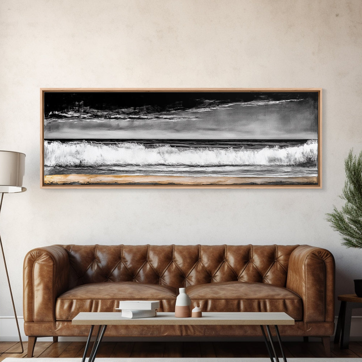 Ocean Waves Painting, Black and White Seascape, Coastal Wall Art, Nautical Beach Decor, Modern Minimalist Style, Framed Canvas Print